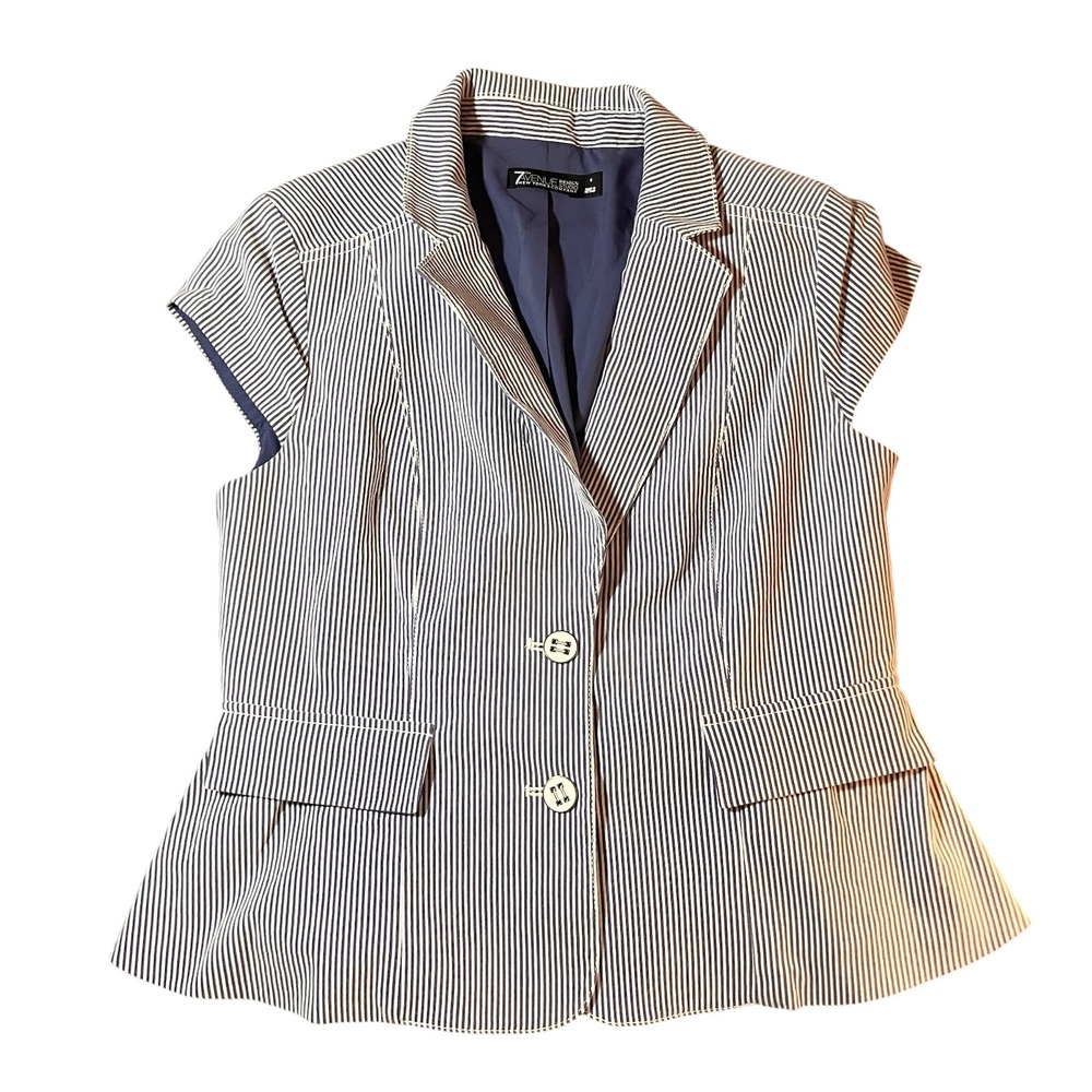 Y2k Striped Office Siren Mini Blazer Top Cap Sleeve Blue 7th Avenue Ruffle Sz 6